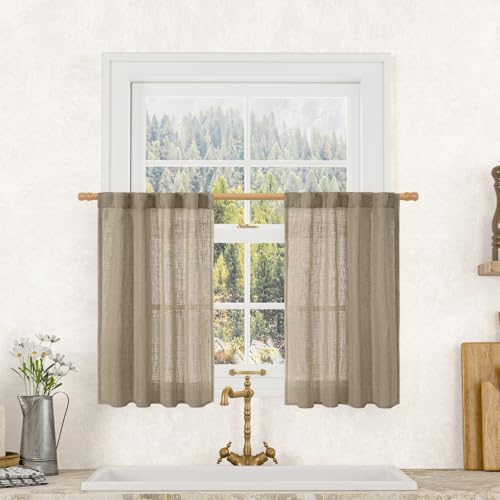 LAMIT Semi Sheer Linen Curtains 36 Inch Length for Cafe, Light Filtering Panels Back Tab and Rod Pocket Neutral Drapes for Bathroom/Kitchen/Loft Room, 25 x 36 Inch, 2 Panels