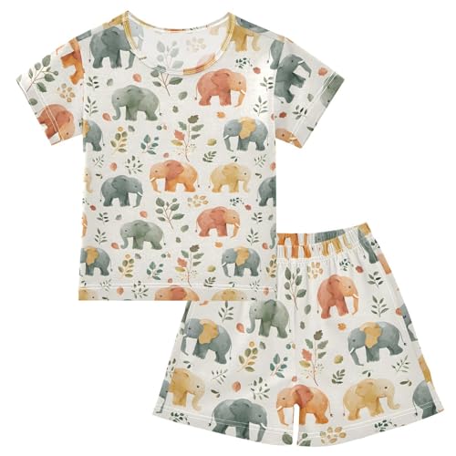 ALAZA Elephant Leaves Watercolor Pajamas Short Sleeve 2 Piece Sleepwear Top and Bottom Pajama Set Unisex