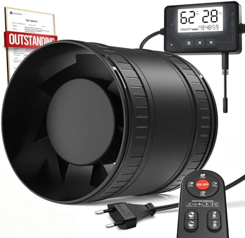 BUMSOU Leise Rohrlüfter mit Feuchtigkeitssensor Temperatursensor Timer, 6 Stufiger Abluftventilator mit Überhitzungsschutz, Rohrventilator 100mm mit Fernbedienung, Rauchabzug Venti