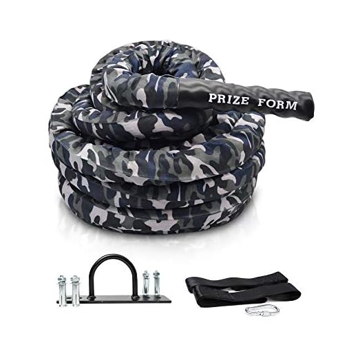 Prize Form Battle Exercise Training Rope with Camo Protective Cover & Anchor Strap Kit for Home Gym Strength Training & Cardio, Indoor Outdoor, Poly Dacron 1.5 Inch Diameter 40ft