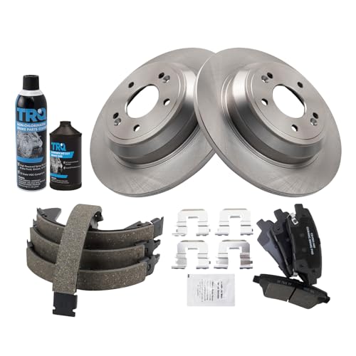 Image of TRQ Rear Brake Pad & Rotor Kit, with Chemical Kit Parking Brake Shoe Set Ceramic Compatible with 2017 Genesis G80 2015-2016 Hyundai