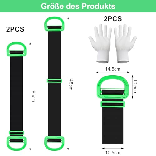APOMOONS 2 PCS Schwerlast Transportgurt Tragegurte Umzug und Zwei Paar WeißE Antirutsch-Handschuhe 145cm Hebegurte Verstellbare Tragegurt Umzug Hebegurt für Möbel Boxen Haushaltsgeräten Schwarz
