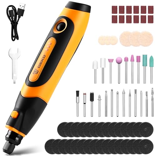 Kit de Herramientas Rotativas: DEKOPRO Mini lijadora Herramientas de Mano,3.7V Amarillo Amoladora Eléctrica Taladradora Set con 70 Accesorios para Tallar, Cortar, Lijar, Esmerilar, Pulir, Grabar
