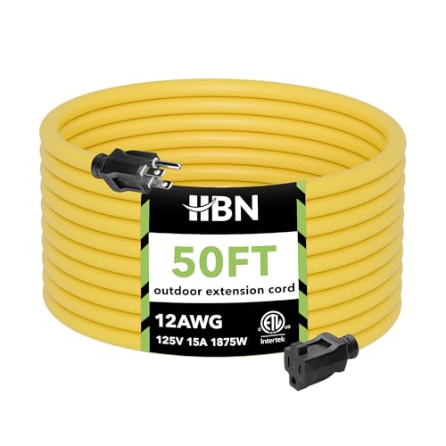 HBN 50 ft Heavy Duty Outdoor Extension Cord 12/3 SJTW, Yellow, Water & Weather Resistant Flame Retardant, 3 Prong Grounded Plug,