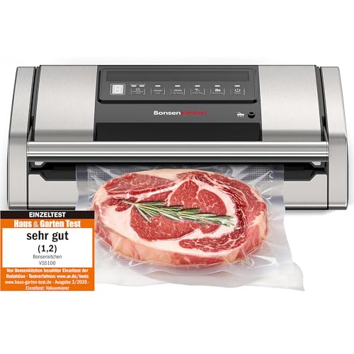 Bonsenkitchen Vakuumiergerät 15 L/min, Vakuumierer mit Beutelclip, Griffverriegelung und Integrierter Schneider, für Sous-Vide-Garen und Essenszubereitung, Hochleistungs-Schnellversiegelung-VS5100