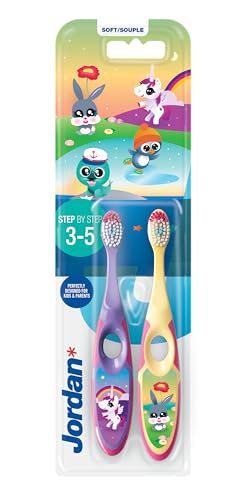 Jordan ® | Step 2 | Cepillo de dientes para niños de 3 a 5 años | Cerdas blandas, mango doble ergonómico y libre de BPA | Color morado y amarillo | Pack 2 unidades