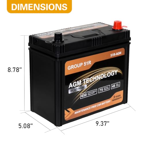 Image of Weize Platinum AGM Battery BCI Group 51R Automotive Battery, 12V 45Ah, 75RC, 450CCA, 36 Months Warranty, Replacement for Car, SUV
