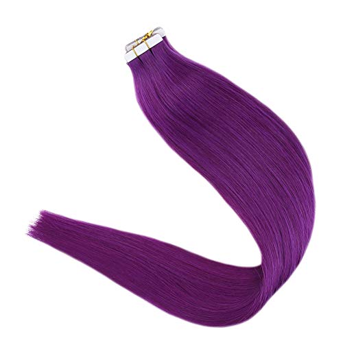Remy Tape Hair 10 Pieces Rooted Tape in Hair Extensions Human Hair Seamless Skin Weft 100% Real Remy Invisible Straight Double Sided 12 inches Purple Tape Hair Extensions