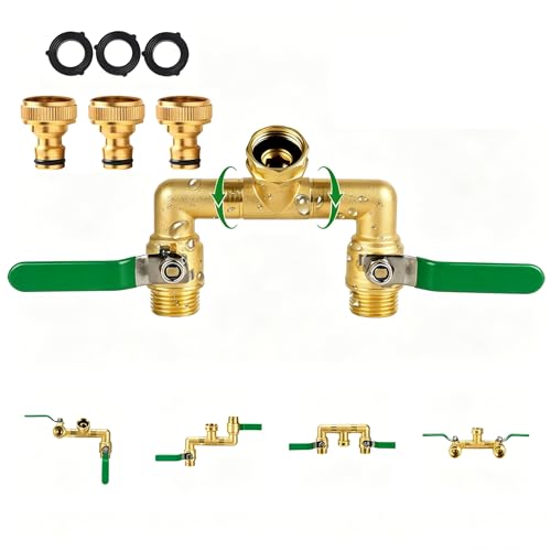 2-Wege-Wasserverteiler Robuster Messing-Gartenschlauchanschluss mit 360 drehbarem Körper & Langem Edelstahlgriff Vollstrom-Außenbereichsverteiler Passend zu Standard 3/4 GHT-Schläuchen