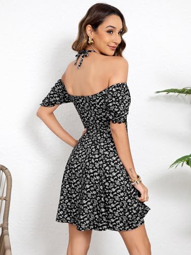 Image of Missufe Women's Puff Short Sleeve Drawstring Ruched Front Fit and Flare Floral Summer Casual Short Dress