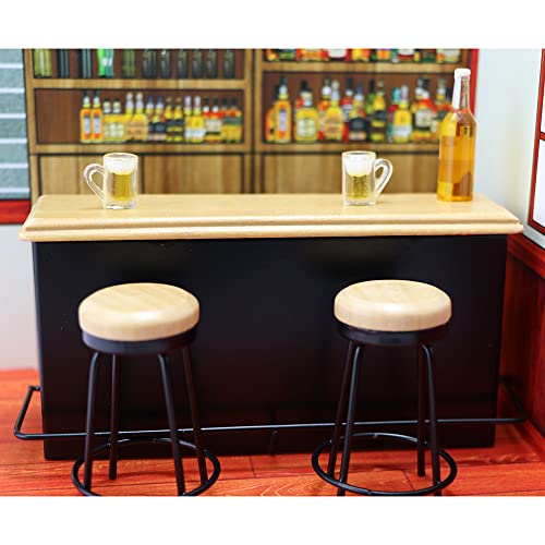 Dollhouse Furniture Metal Bar Table & Chair With Wood Top Pub Set 1:12 Scale Miniature Accessories Bar Counter Stool Mini Dining Coffee Table Model Layout Props Desktop Decor #TOP1