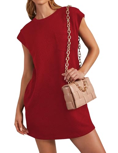 Naggoo Short Dresses for Women 2025 Spring Summer Cap Sleeve Side Pockets Easter Mini Dress Cotton Loose T Shirt Dress Wine Red M