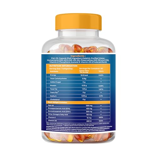 Image of NATURALTEIN Ultimate Omega-3 plus Fish Oil 1250mg Triple Strength Softgel Capsules with vitamin D3 and E | 450mg EPA & 300mg DHA in Triglyceride Form for Better Absorption | Heart, Brain, Eye & Joint Support | Glyphosate-Free | 60 Softgel Capsules | 60-Day Supply