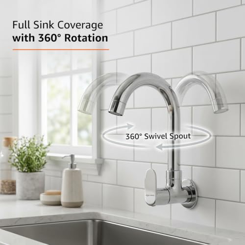 Image of Amazon Basics Round Kitchen Faucet | Cold-Only Single Lever Sink Tap with 360 Degree Swivel Spout | Aerated Water Flow | 15mm / 1 /2 BSP | Kitchen Use [Chrome]