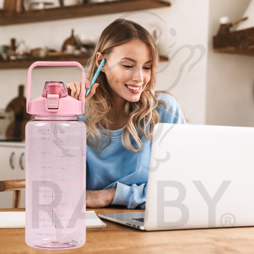 Image of RABBY 2L Motivational Water Bottle for Kids & School Use | Time Marker, BPA-Free, Leakproof Straw Lid, Carry Strap | Plastic Water Bottle for Travel, Sports, Gym, Office (Pink 1Pcs)