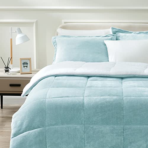 Art Demo Home Winter Ultra Soft Plush Sherpa Fleece Comforter Bed Set With Pillow Shams For Spring, 2 Piece, Twin Size, Aqua Blue Grey #TOP9