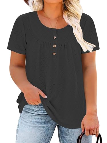 Image of VISLILY Womens-Plus-Size-Summer-Tops Buttons Up Henley Shirts Flowy Pleated Tunics Trendy Eyelet Short Sleeve Blouses
