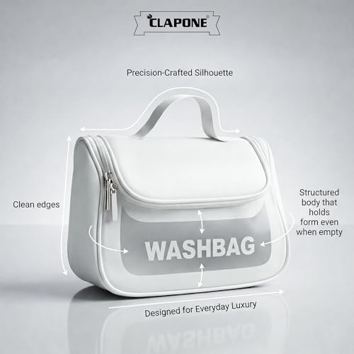 Image of Cosmetic Bag for Women, PU Leather Makeup Pouch, Large Capacity Travel Makeup Organizer with Divider & Handle, Waterproof Portable Vanity Storage Bag for Toiletries (Washing Bag-White)