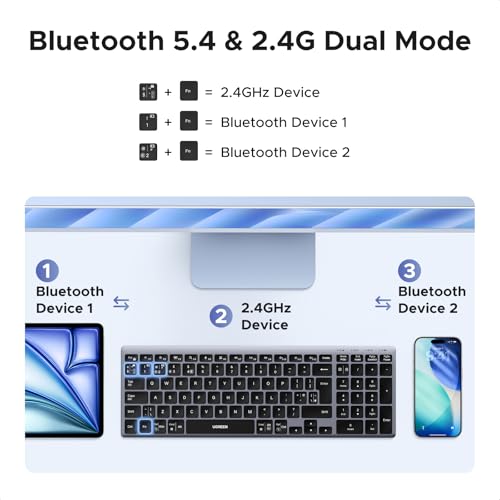 UGREEN Wireless Keyboard, Bluetooth Keyboard with UK Layout, Mini and Rechargeable Ergonomic Keyboard, BT5.4 &2.4GHz Dual Modes, Connect 3 Devices, for ipad/PC/Tablet, Windows/macOS/Android/Linux,etc. - Image 3