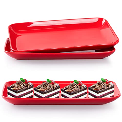 DELLING 12 Inch Rectangular Serving Platter Set of 3, Red Porcelain Serving Plates, Appetizer Salad Dessert Trays for Party, Christmas Valentine's Day Entertaining, Microwave Dishwasher Oven Safe