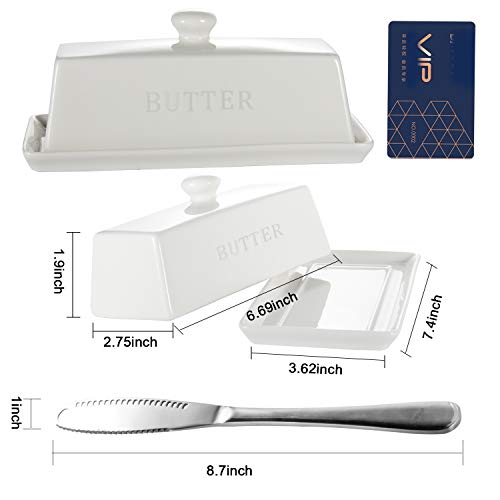 Butter Dish with Covers, OAMCEG Ceramic Porcelain Butter Dish with Lid Handle Knife Design, Large Butter Keeper Container, Butter Holder Perfect for East/West Coast Butter - Thumbnail 2