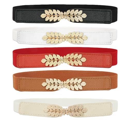 Auptiz 5 Piezas Cinturón Elástico para Mujer, Elegante Cinturón Decorativo Delgado para Vestir Elástico para Mujer (Rojo Blanco Negro Marrón Beige)