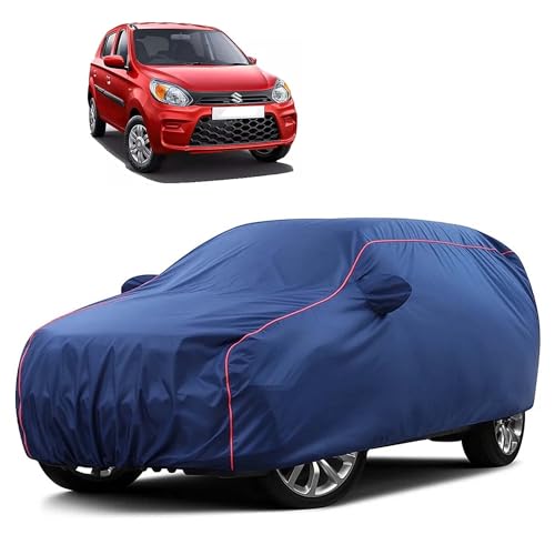 Image of Sulfar 100% Water Resistant Car Body Cover Compatible with Mirror for Maruti Suzuki Alto (Triple Stitched, Full Bottom Elastic, Blue Taffeta with Red Piping)