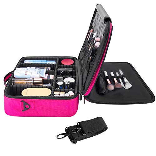Makeup Train Case 4 Layer Waterproof Large Capacity Travel Cosmetic Case with Shoulder Strap, Portable Makeup Box Storage Organizer with Removable Dividers for Brushes Accessories Daily Use