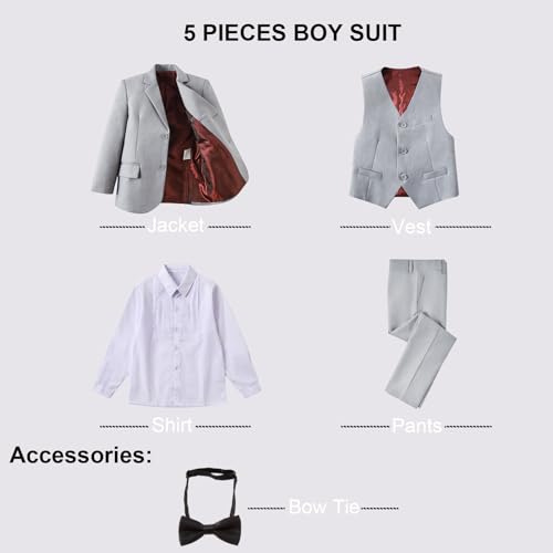 Image of Boy Suits 5 Pieces Formal Suit Set with Adjustable Waist Kids Dress Suit for Wedding Prom