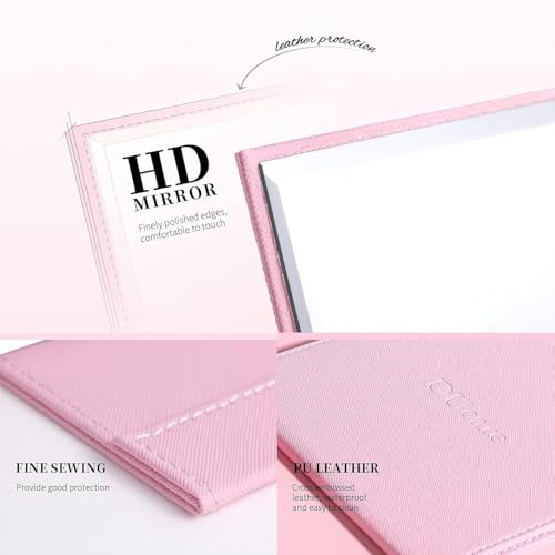Image of Folding Portable Makeup Mirror with Adjustable Stand | HD Frameless Beveled Design | Travel-Friendly PU Leather Vanity Mirror for Desk, Dresser & Bathroom,Rectangular (Pink Square Edge Mirror)