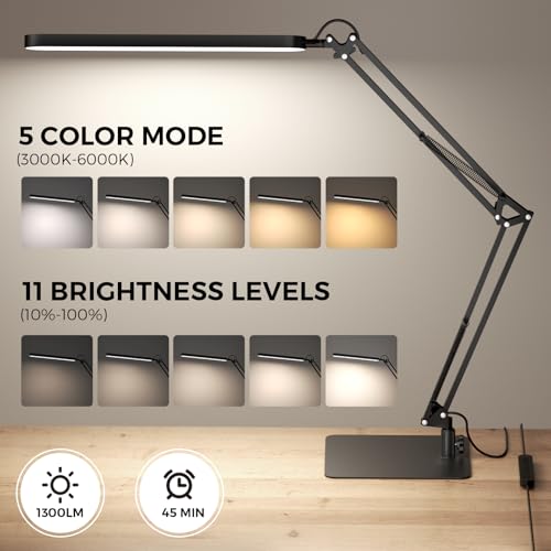 Image of SKYLEO LED Desk Lamp with Slim Base - Adjustable Swing Arm Desk Light, Dimmable, Timer, Eye Protection, Memory Function, 1300LM, 12W, Black