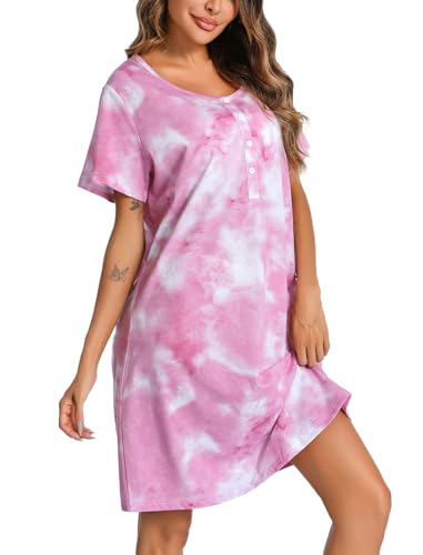 Image of ENJOYNIGHT Womens Short Sleeve Nightgown Tie Dye Nightshirt Nursing Sleepshirts Breastfeeding Sleep Dress
