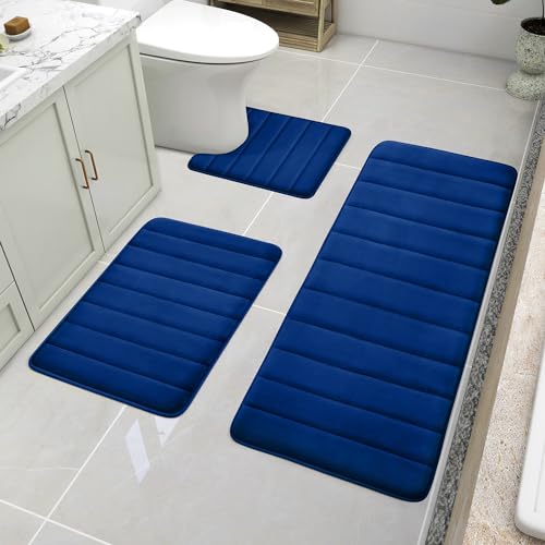BYSURE Navy Blue Memory Foam Rug Set 3 Piece Non Slip Extra Absorbent Shaggy Soft & Dry Bath Mat Sets for Bathroom Washable Carpets Set?20"x32" Plus24 x44 Plus U Shape 20"x24"? by BYSURE - Used condition - CA$25.04
