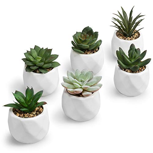 MyGift Mini Assorted Green Faux Succulent, Indoor Fake Plants in Geometric Ceramic Pots, Set of 6