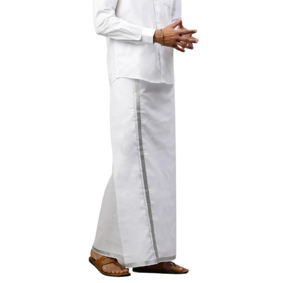 Adjustable Traditional Velcro White Cotton Pocket Dhoti with Silver Jari Border for Mens (28 to 44 Inches)-picture-12