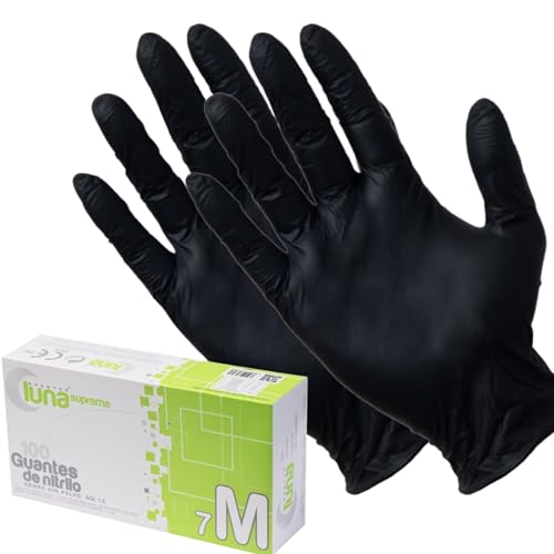SUPREME LUNA | 100 Guantes desechables nitrilo negro sin polvo - Guantes desechables sin látex no estériles - Guantes higiene y alta protección 3,5G (XL)