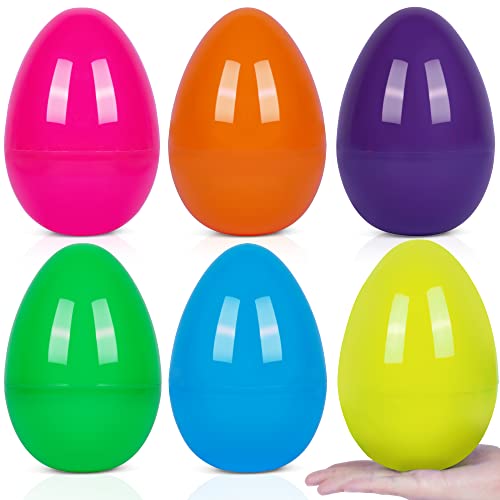 HOOJO 6 PCS 6â€³ Jumbo Plastic Easter Eggs Fillable with 6 Bright Assorted Colors, Empty Giant Eggs for Easter Egg Hunt, Surprise Egg, Filling Treats, Basket Stuffers and Easter Party Favor