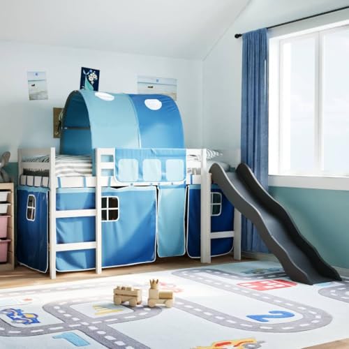 WKIEQACO Camas y accesorios, camas y marcos de cama, cama alta para niños con túnel azul, 80 x 200 cm, madera maciza de pino