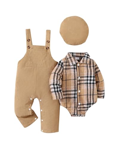 Renotemy Baby Boy Clothes Fall Winter Spring Gentleman Outfits Apricot Plaid Flannel Bodysuit+Corduroy Overalls+Beret Vintage Formal Church Wedding Golf Photoshoot Going Home Outfit for 3-6 Months Boy