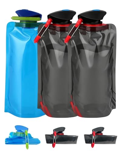 LOZTBUE Botella de Agua Portátil 3PCS (2 Negras 1 Azul), Plegable Flexible Reutilizable, Ligera y Resistente, Ideal para Camping, Viajes, Deporte y Uso Diario