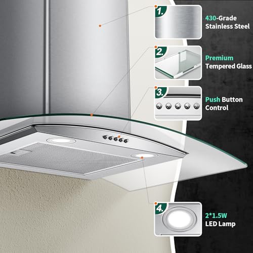 Image of Range Hood 30 Inch, Tieasy Wall Mount Kitchen Hood with Ducted /Ductless Convertible Duct, Stainless Steel Chimney and Aluminum Filters, LED Lights, 3 Speed Fan, Push Button