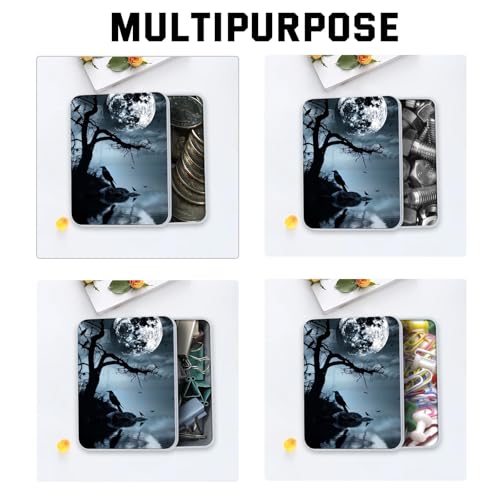 Image of Metal Tin Box with Lid,Multi-functional Storage Box Can Store Tea Biscuits Game Cards, Playing & Tarot Cards-Comes with 4 Magnetic Cord Clips,Raven Moonlight Scene