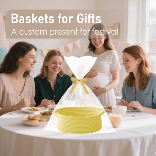 Image of JMvicyroam Small Woven Basket, Empty Gift Basket, Yellow /1 Pack | Small Gift Basket, Cotton Rope, 12 x 8 x 39 in, Handles, Includes Ribbon and Bag, Birthday Gift Basket