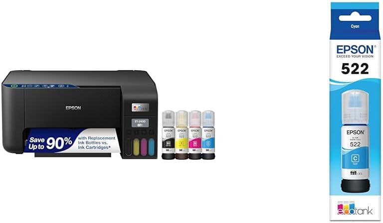 Epson EcoTank ET-2400 Wireless Color All-in-One Cartridge-Free Supertank Printer & 522 EcoTank Ink Ultra-High Capacity Bottle Cyan (T522220-S) for ET-2720