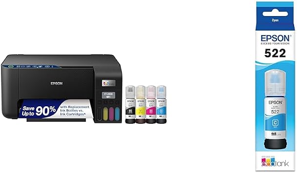 Epson EcoTank ET-2400 Wireless Color All-in-One Cartridge-Free Supertank Printer & 522 EcoTank Ink Ultra-High Capacity Bottle Cyan T522220-S for ET-2720