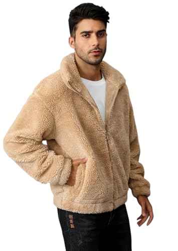 Image of BE SAVAGE Solid Sherpa Oversized Jacket Woolen Long Sleeves Zipper Hoodie For Men's