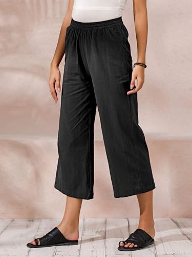 Image of ECUPPER Womens Cotton Cropped Pants Loose Fit Wide Leg Capri Casual Plus Size Elastic Waist Trousers