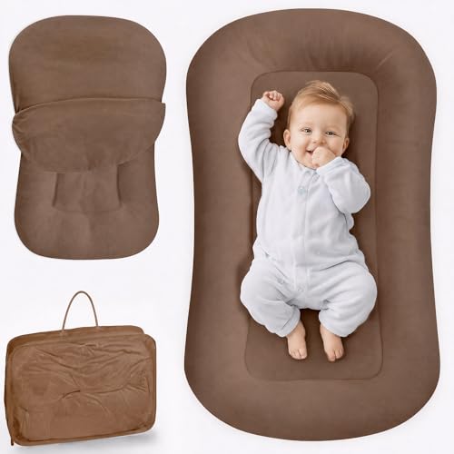 Infant Support Cushion - Baby Support Cushion for Newborn 0-24 Months Breathable Cotton Tummy Time Mat Supervised Use Portable Newborn Essentials for Home and Travel Brown (Cover Included)