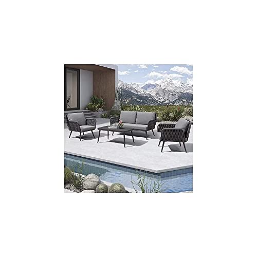 Image of LOCCUS 4 Piece Outdoor /Indoor Patio Furniture Set Waterproof Weaving Rope Couch Sofa Set with Powder-Coated Iron Conversation Bistro Set for Balcony Lawn Terrace Backyard (Black & Grey)