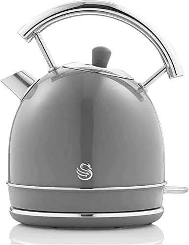 Swan Retro Bouilloire Électrique 1,8 Litre, Design Vintage, Arrêt Automatique Contrôleur Strix, Sans fil, Acier Inoxydable, sans BPA, 3000W, Gris